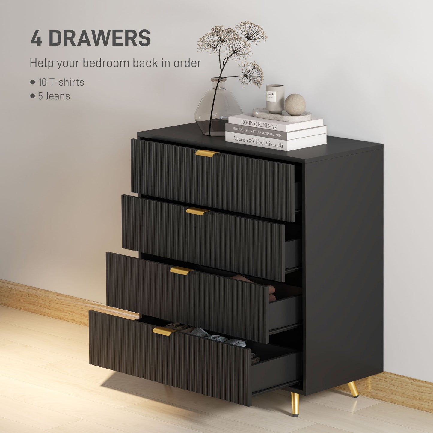 HOMCOM Elegant Four-Drawer Bedside Table - Black