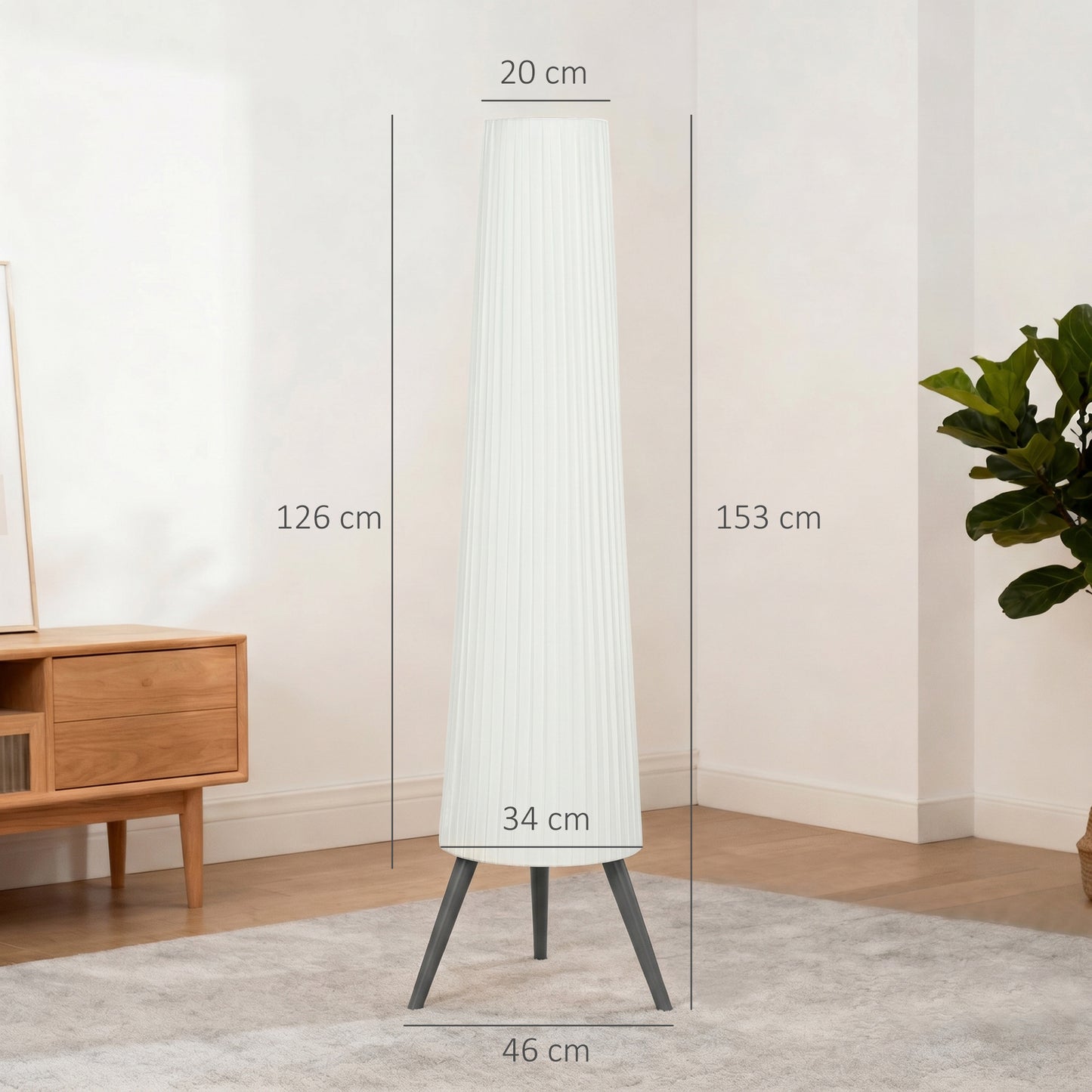 HOMCOM Dimmable Tripod Floor Lamp with Foot Switch, Nordic Standing Lamp with Fabric Shade, 153cm, White and Grey