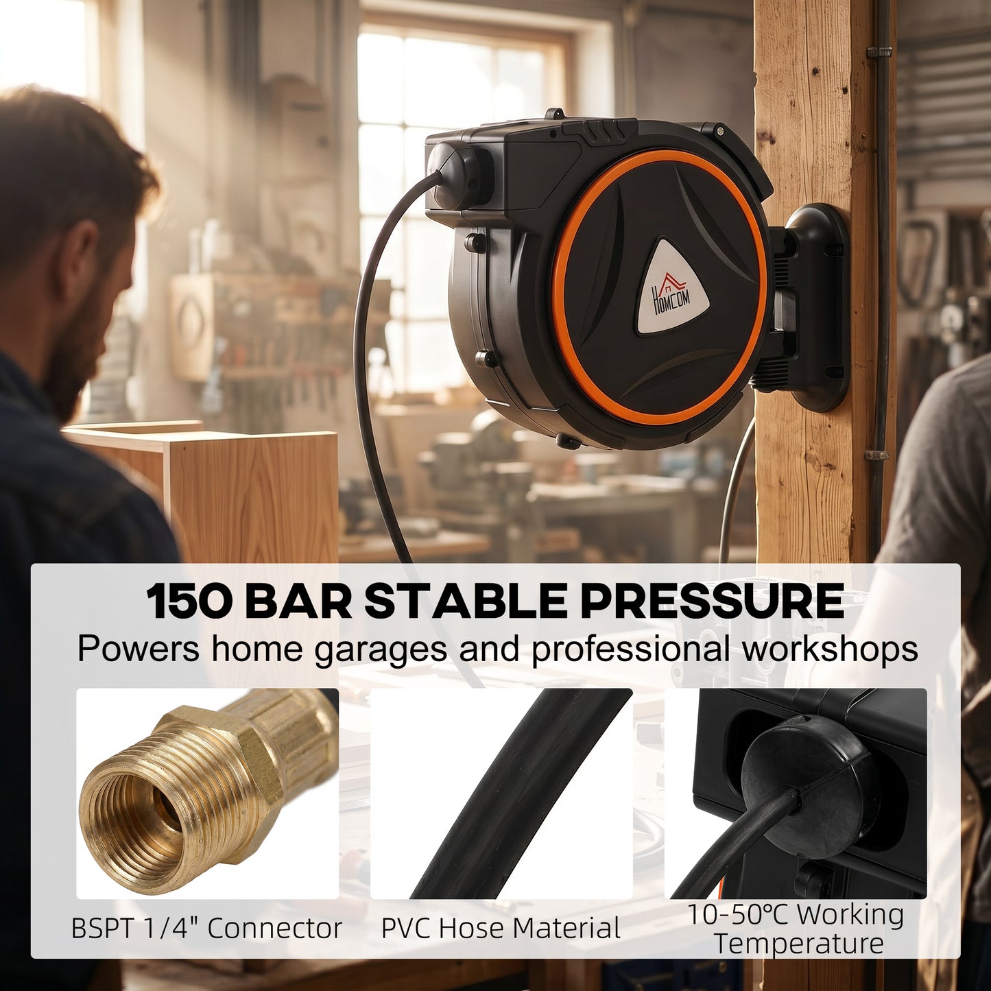 HOMCOM Auto Rewind Hose Reel, Retractable Air Hose Reel 20 m + 2 m, 150 Bar with 1/4" BSPT Connector, Black