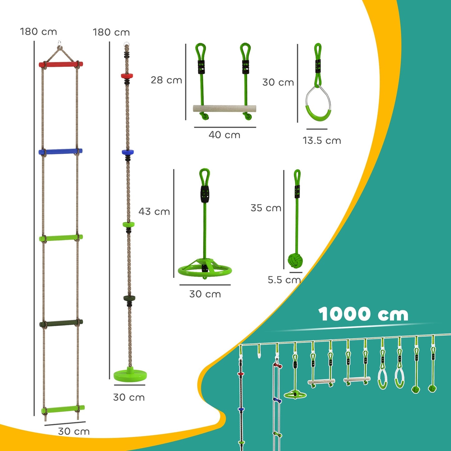 AIYAPLAY Obstacle course for Kids, with 10-Piece Slackline Kit with Monkey Bars, Gym Rings, Rope Ladder, Nest Swing, Hanging Tray