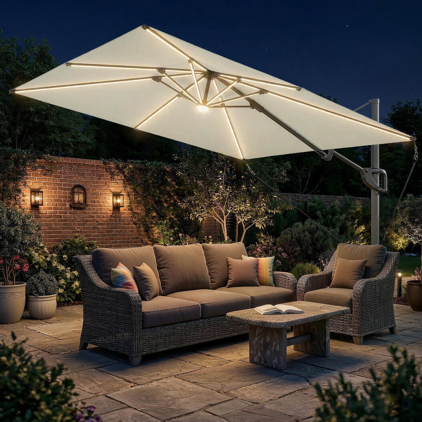 Outsunny 3 x 3 m Garden Cantilever Parasol w/ Light, Cover, UPF50+ Patio Umbrella w/ Wind Protection, 360 degrees Rotation, Cream White
