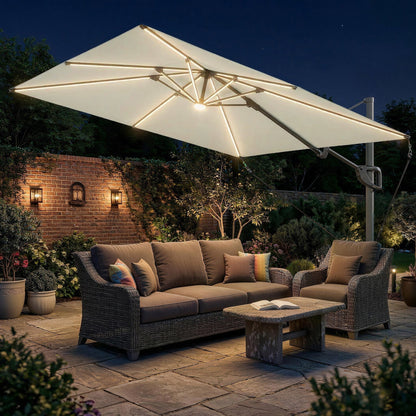 Outsunny 3 x 3 m Garden Cantilever Parasol w/ Light, Cover, UPF50+ Patio Umbrella w/ Wind Protection, 360 degrees Rotation, Cream White