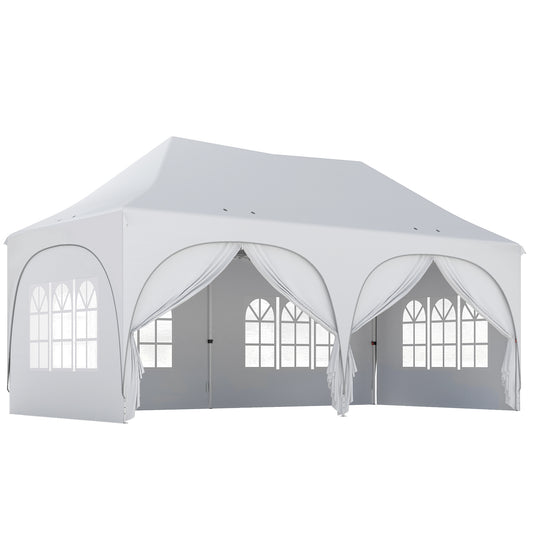 Outsunny 3 x 6m Pop Up Gazebo Shelter with Sides, 6 Sandbags, Peak Top Garden Party Tent Marquee with Carry Bag, Light Grey/White