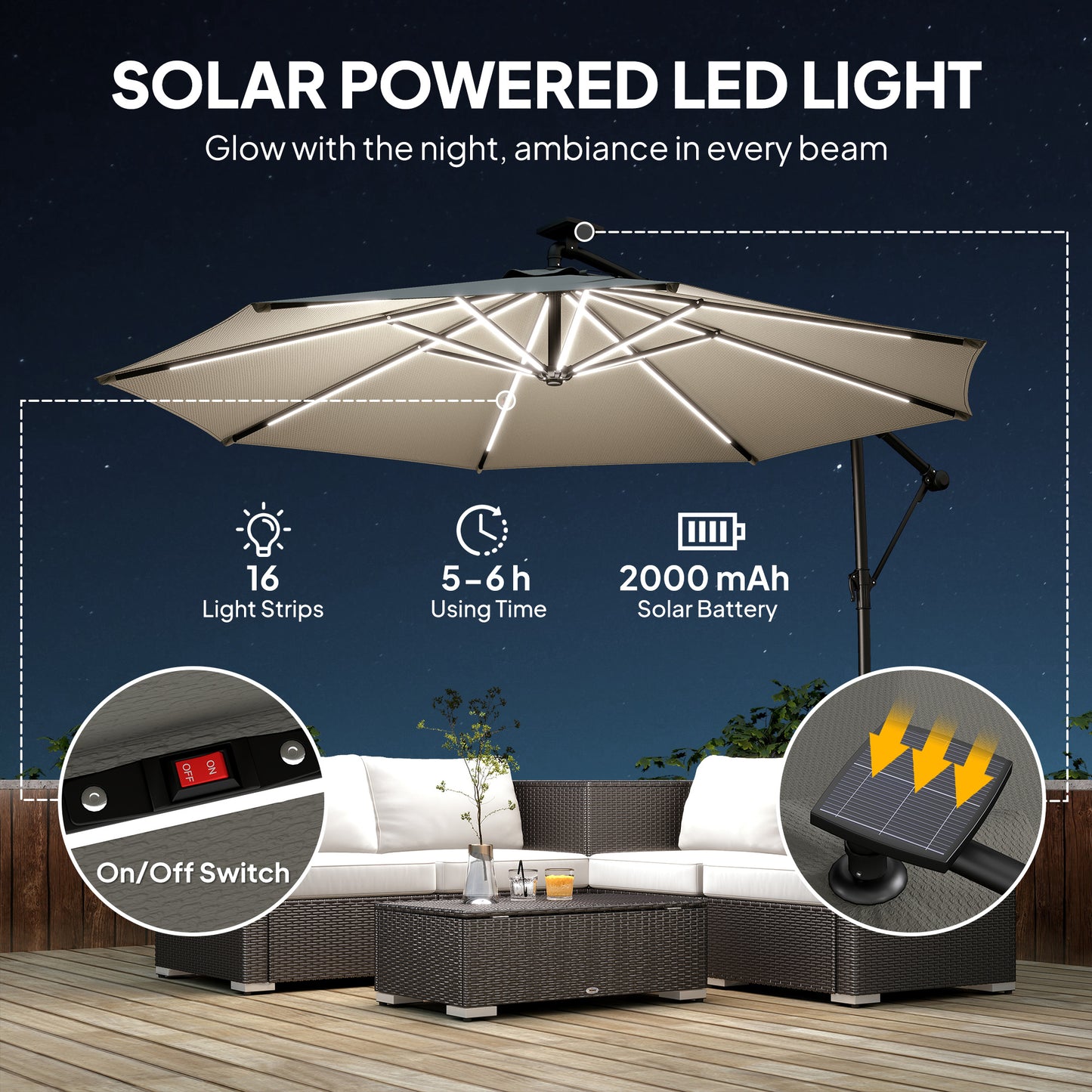 Outsunny 3 m Garden Cantilever Parasol with LED Solar Light, Round Overhanging Umbrella with 360Â° Rotation, Cover, Grey