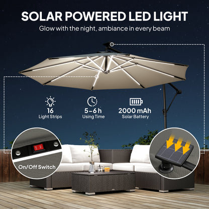 Outsunny 3 m Garden Cantilever Parasol with LED Solar Light, Round Overhanging Umbrella with 360Â° Rotation, Cover, Grey