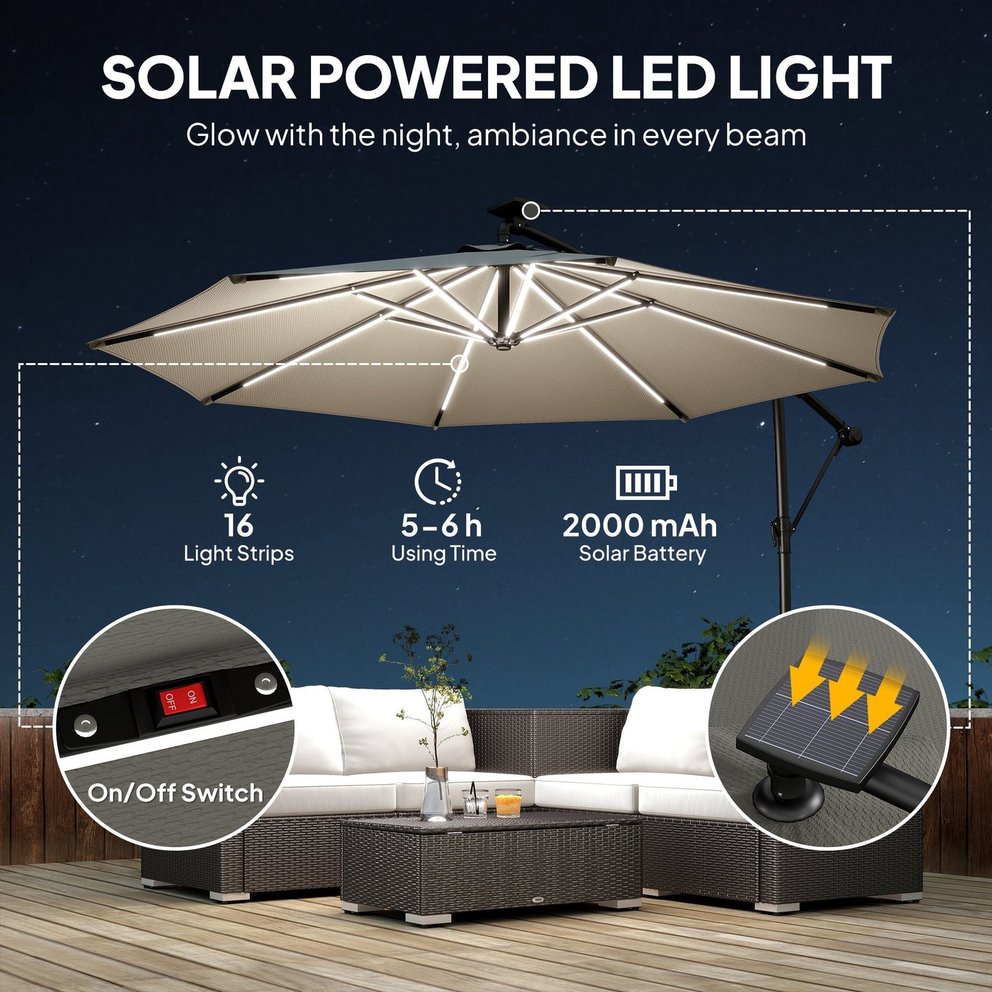 Outsunny 3 m Garden Cantilever Parasol with LED Solar Light, Round Overhanging Umbrella with 360 degrees Rotation, Cover, Grey
