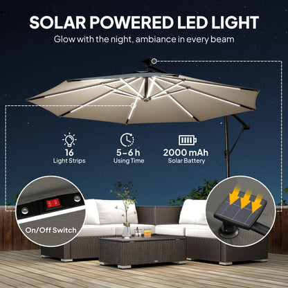 Outsunny 3 m Garden Cantilever Parasol with LED Solar Light, Round Overhanging Umbrella with 360 degrees Rotation, Cover, Grey