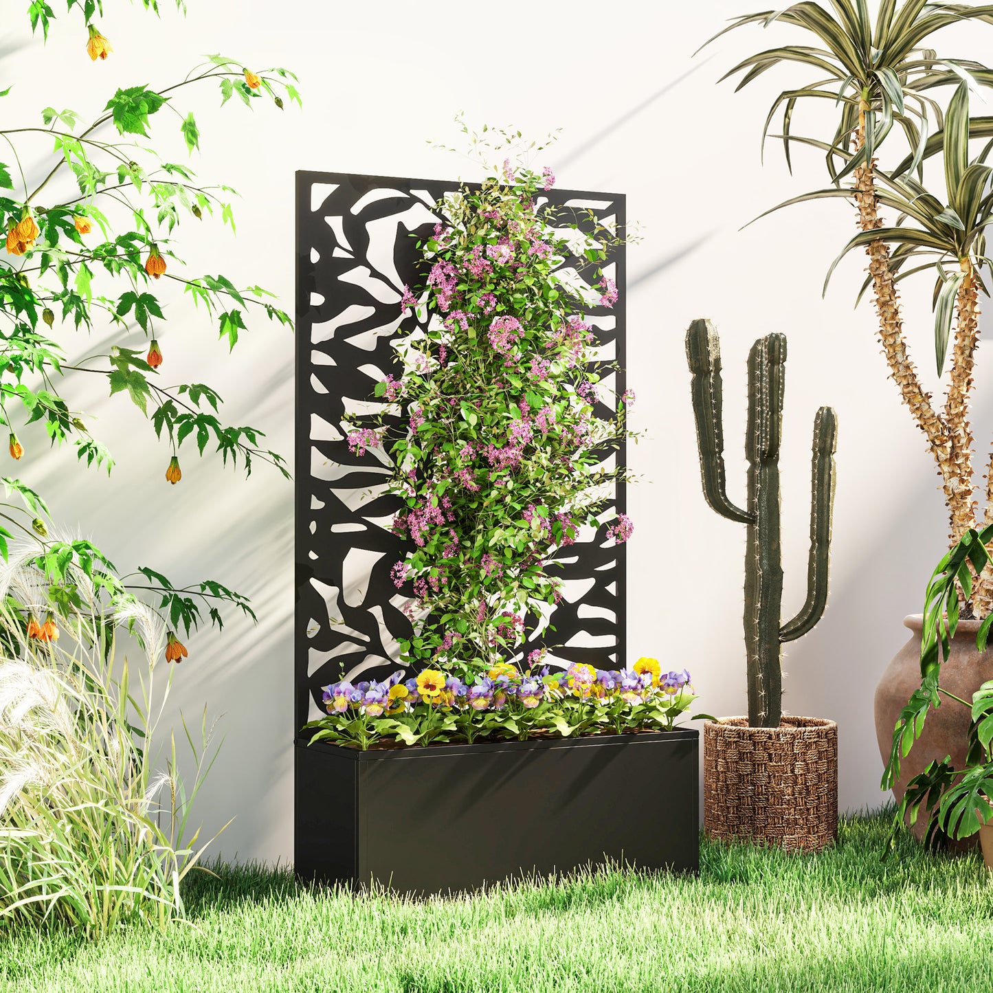Outsunny Metal Garden Bed with Trellis, Wall Mounted or Freestanding Raised Planter with Privacy Panel, Black