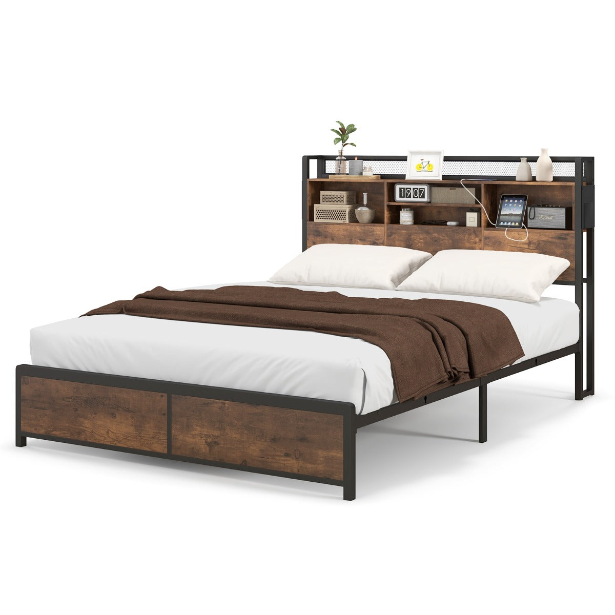 Queen/King Size Platform Bed with Bookcase Headboard and Charging Station-King Size