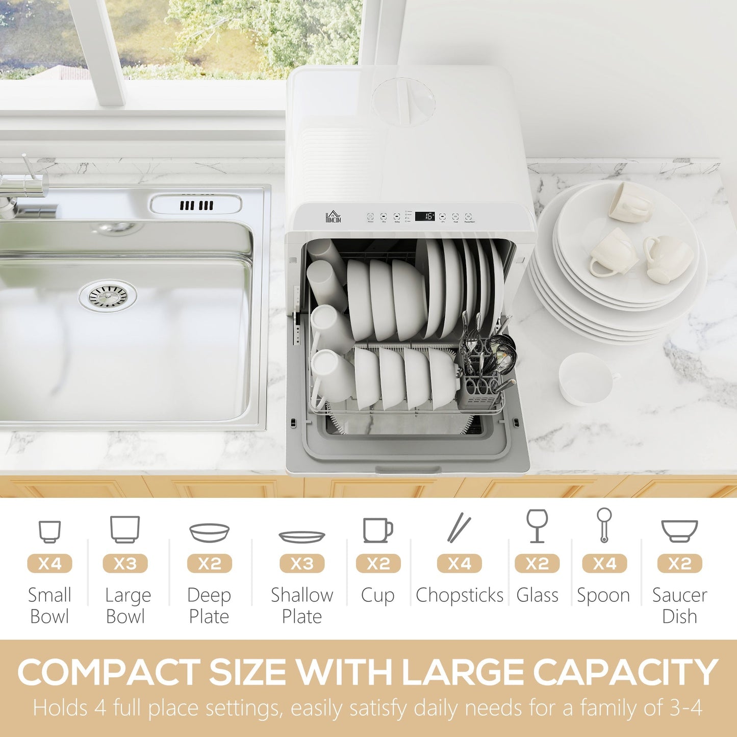 HOMCOM Table Top Dishwasher with Built-in 6L Water Tank, Mini Countertop Dishwasher with 6 Programs, 4 Place Settings, White
