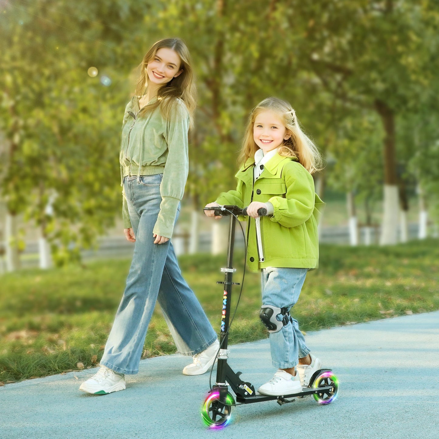 AIYAPLAY Scooter for Kids Aged 3-8 Years, with Adjustable Handle, Two Light Up Wheels, Handbrake, Rear Brake, Black