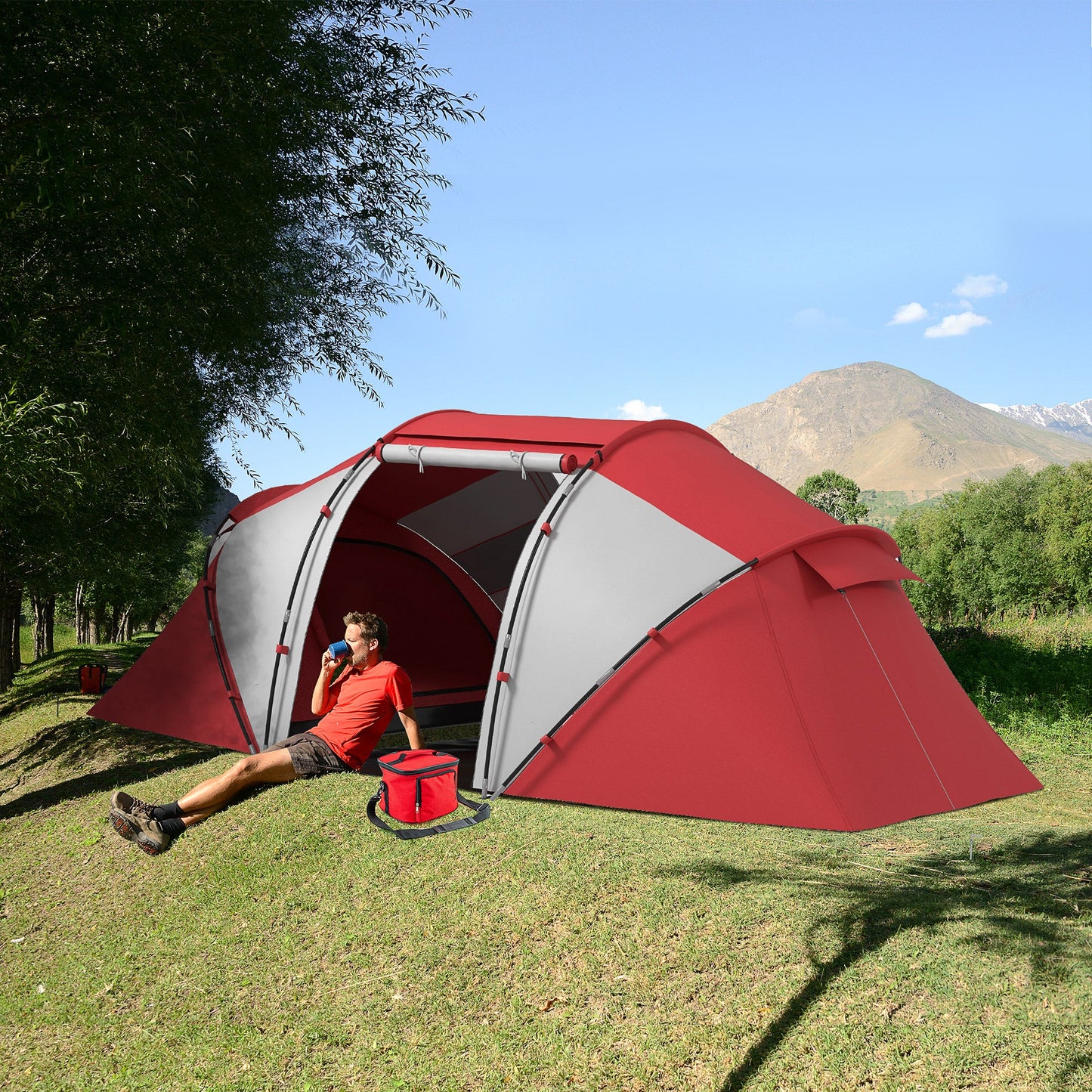 Outsunny 4-6 Man UV Protection Camping Tent - Grey and Red