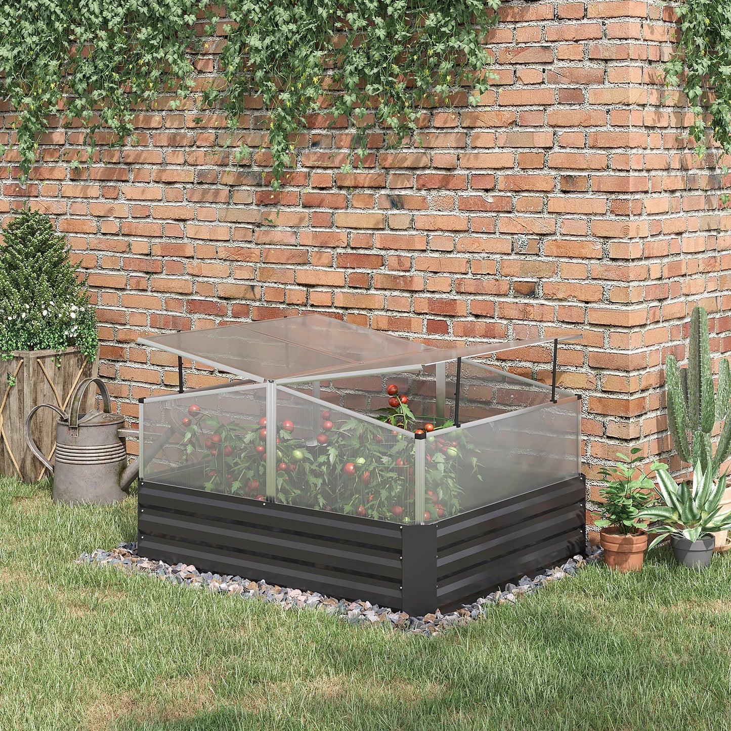 Outsunny Galvanised Raised Garden Bed, Outdoor Planter Box with Greenhouse and Cover for Vegetables, Flowers, Dark Grey