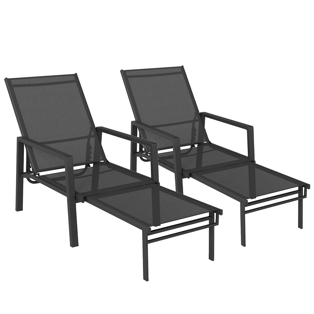 Outsunny Sun Loungers Set of 2 Retractable Footrest 5-Position Adjustable Steel Frame for Beach, Porch, Patio, Camping, Black