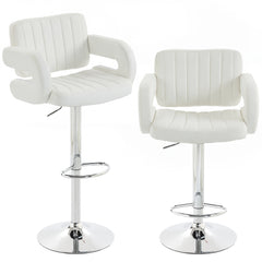HOMCOM Bar Stools Adjustable Swivel Kitchen Chairs with Backrest Armrest Set of 2 PU Leather White