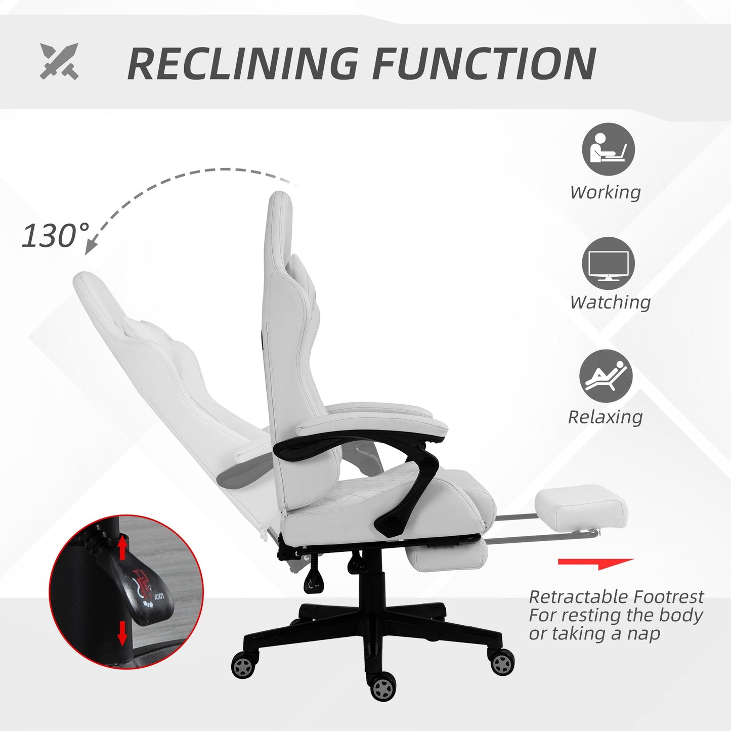 Vinsetto Computer Gaming Chair with Footrest, Video Gaming Chair for Adults with 130¡ Reclining Back, Desk Chair with Lumbar Support and Adjustable Height, White