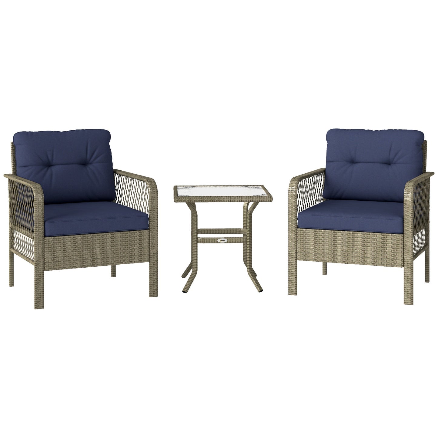 Outsunny 3 Pieces Rattan Bistro Set with Glass Top Coffee Table, Chairs and Cushions for Outdoor, Patio, Balcony, Charcoal Grey