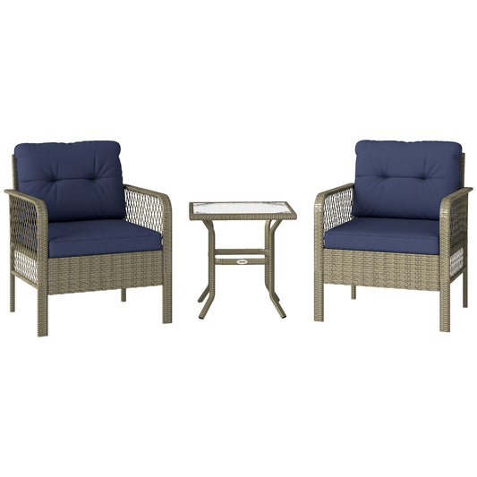 Outsunny 3 Pieces Rattan Bistro Set with Glass Top Coffee Table, Chairs and Cushions for Outdoor, Patio, Balcony, Charcoal Grey