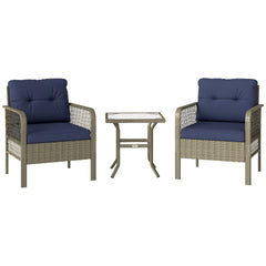 Outsunny 3 Pieces Rattan Bistro Set with Glass Top Coffee Table, Chairs and Cushions for Outdoor, Patio, Balcony, Charcoal Grey