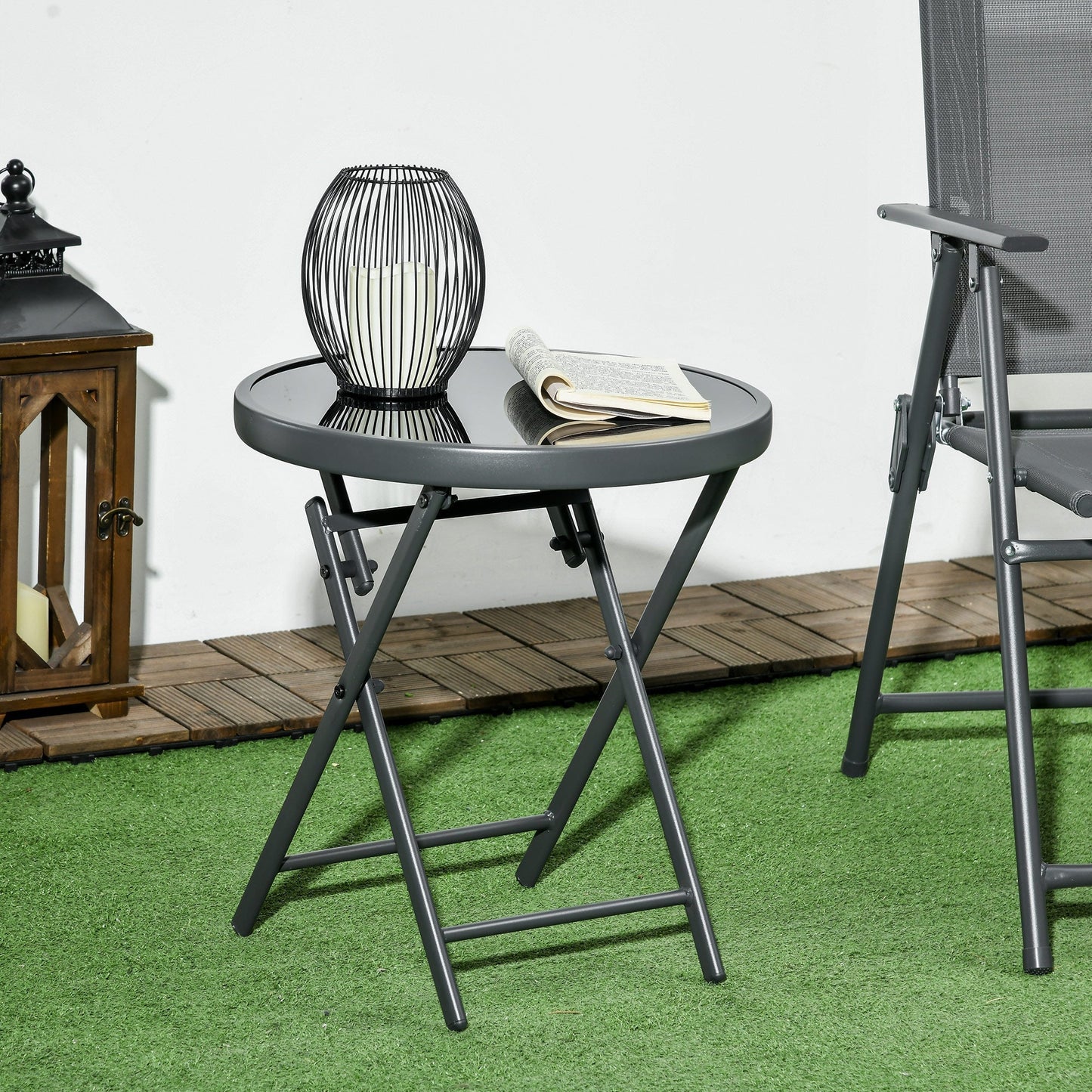 Outsunny a45cm Garden Side Table, Outdoor Round Folding Patio Table with Imitation Marble Glass Top, Small Coffee Table, Black
