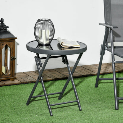 Outsunny a45cm Garden Side Table, Outdoor Round Folding Patio Table with Imitation Marble Glass Top, Small Coffee Table, Black