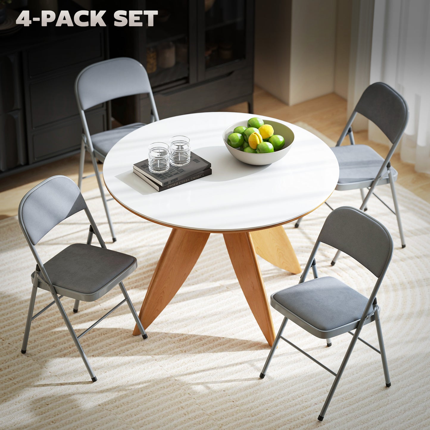 HOMCOM 4 Pack Folding Chairs with Padded Seats, Velvet Portable Party Chairs with Steel Frame, Light Grey