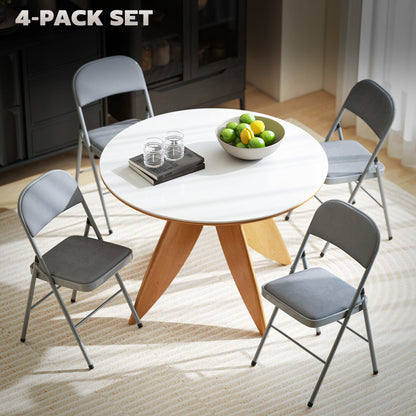HOMCOM 4 Pack Folding Chairs with Padded Seats, Velvet Portable Party Chairs with Steel Frame, Light Grey