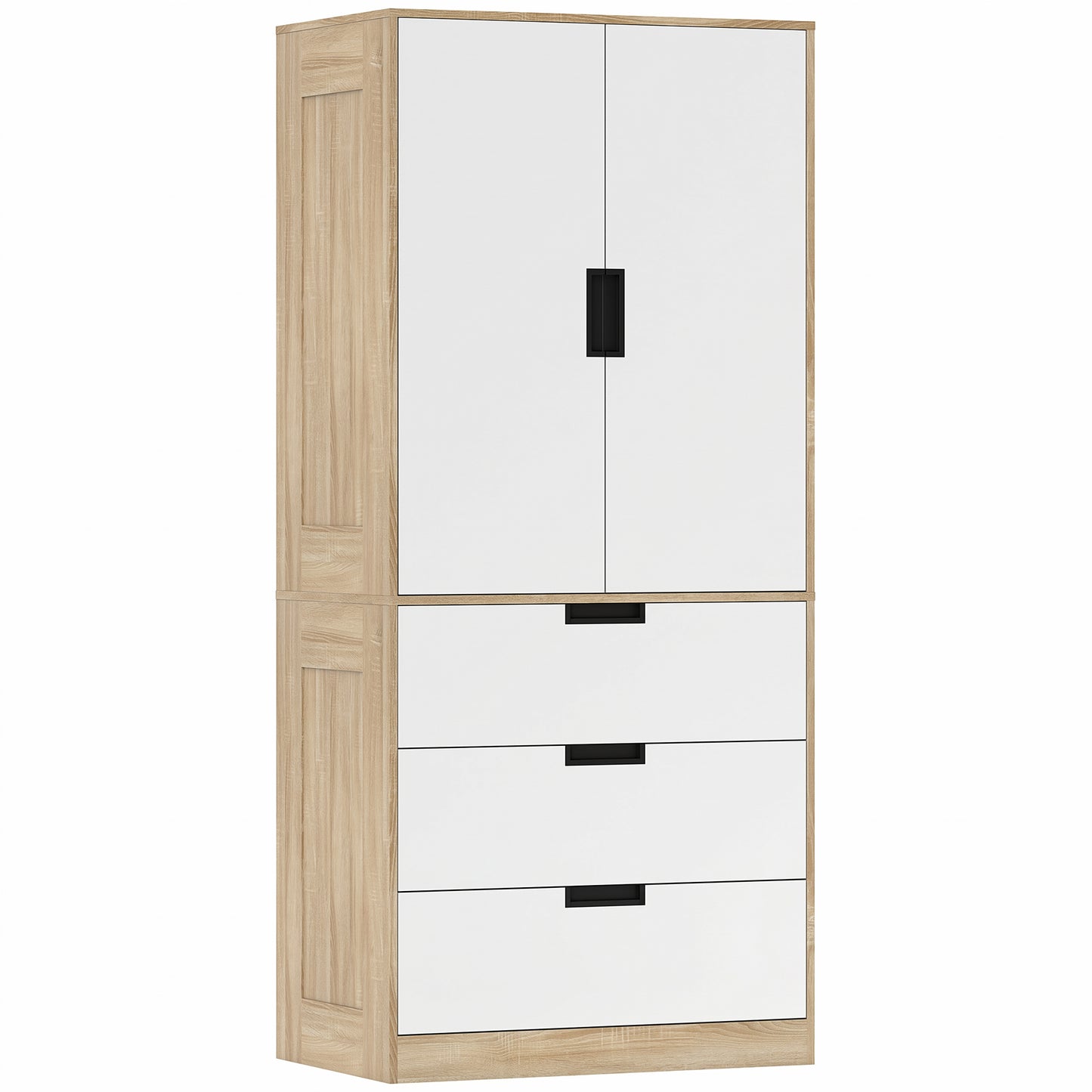 HOMCOM Modern Clothes Storage Cupboard Unit, 3 Drawer 2 Door Wardrobe with Hanging Rod, Oak