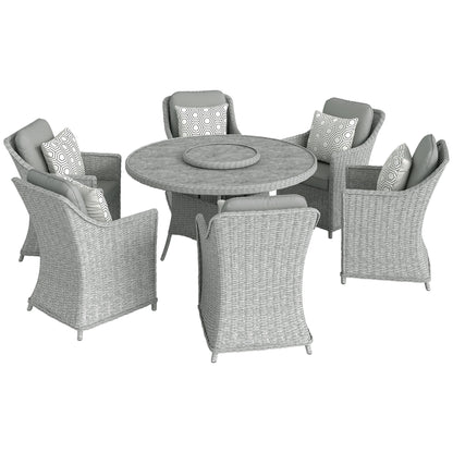 Outsunny Rattan Garden Dining Set with Lazy Susan, Marble Effect Glass Round Garden Table and Chairs with Aluminium Frame, Grey