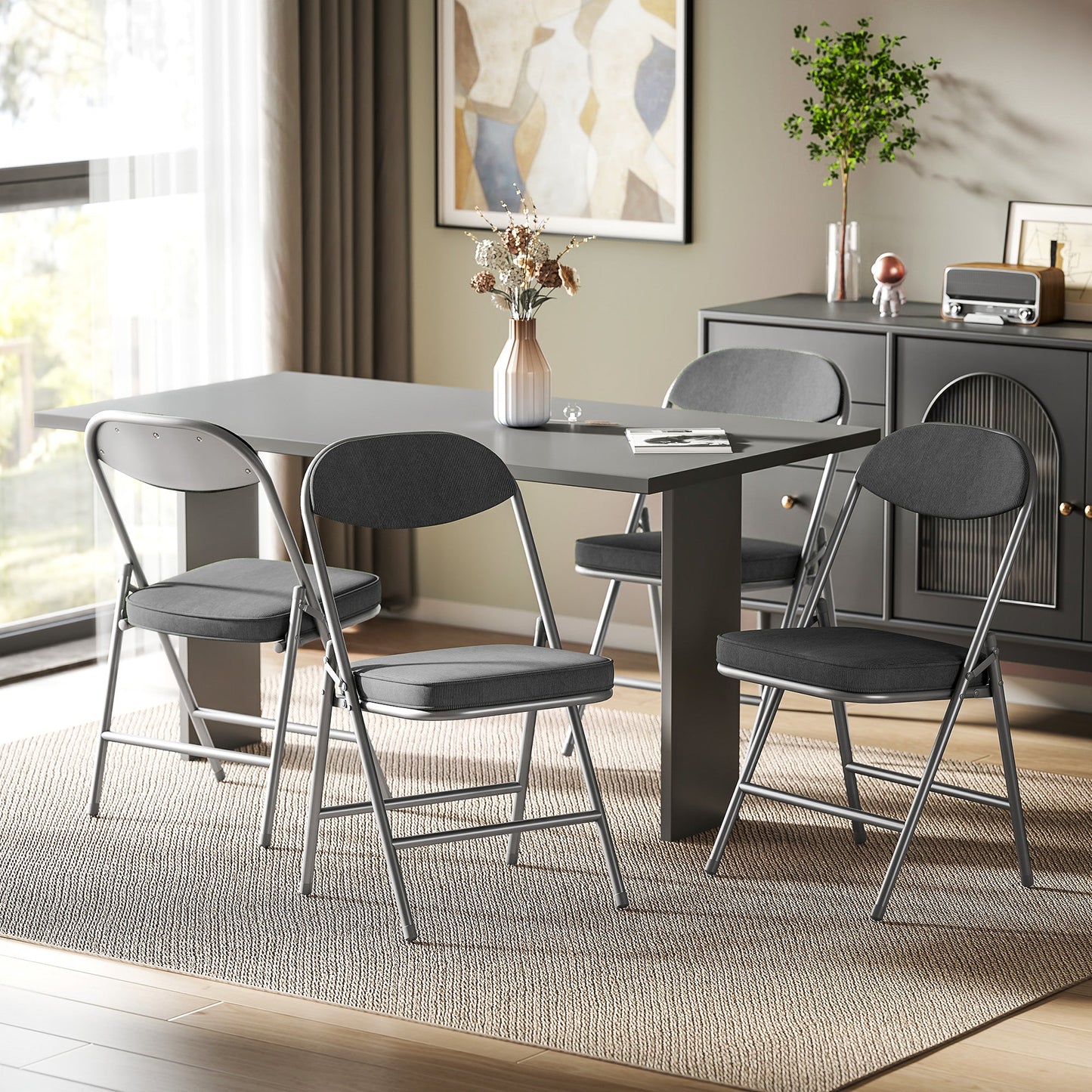 HOMCOM Set of Four Folding Corduroy Seat Chairs - Dark Grey
