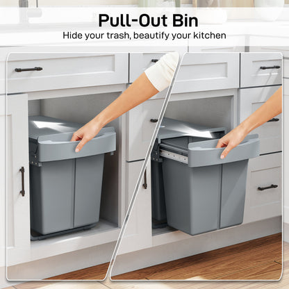 HOMCOM Pull Out Bin, Kitchen Under Sink Bin with 2 Removable Compartments, Smooth Glide, Grey