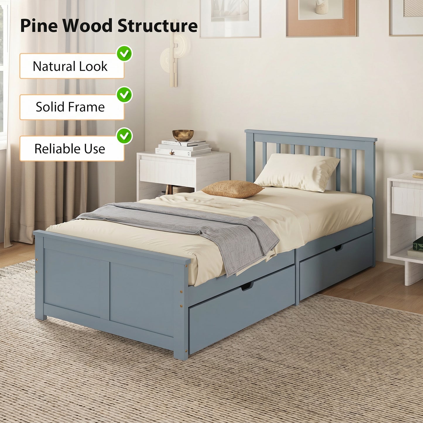 HOMCOM Pine Storage Bed, 3ft Single Solid Wooden Bed Frame with Drawers, Headboard, Wood Slat Support, Grey