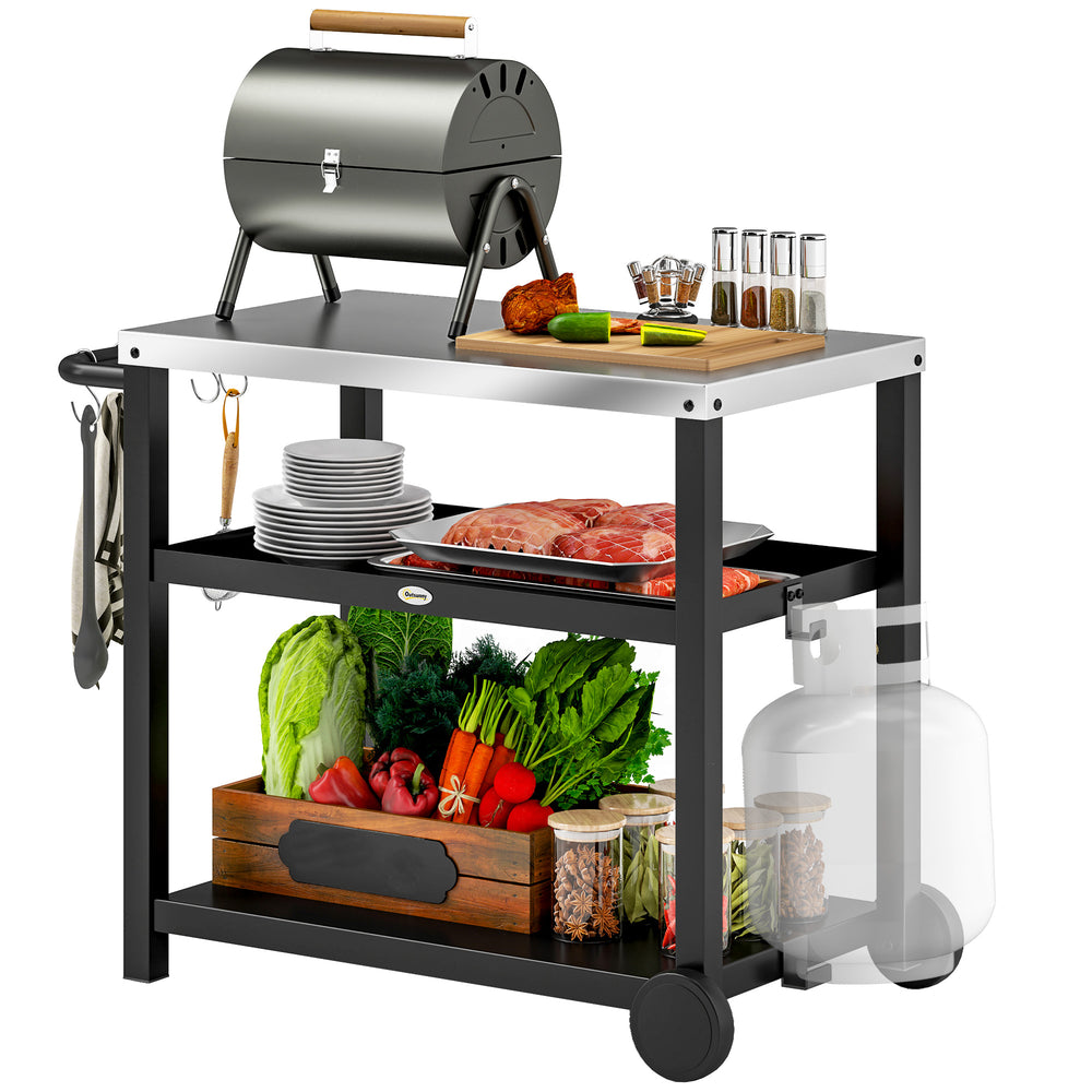 Outsunny Outdoor Grill Dining Cart 3-Shelf Movable Pizza Oven Table Stand with Stainless Steel Top, Portable BBQ Trolley Food Prep Outdoor Kitchen Barbecue Station with Hooks Wheels, Charcoal Grey