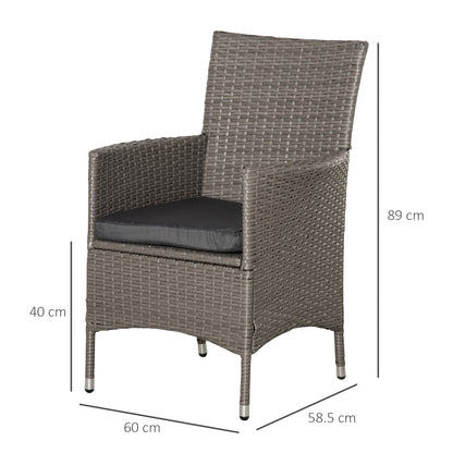Outsunny 2 Pieces Outdoor PE Rattan Dining Chairs Set with Cushion, Garden Armchair with Armrests, High Backrest, Metal Frame Patio Wicker Furniture, Grey