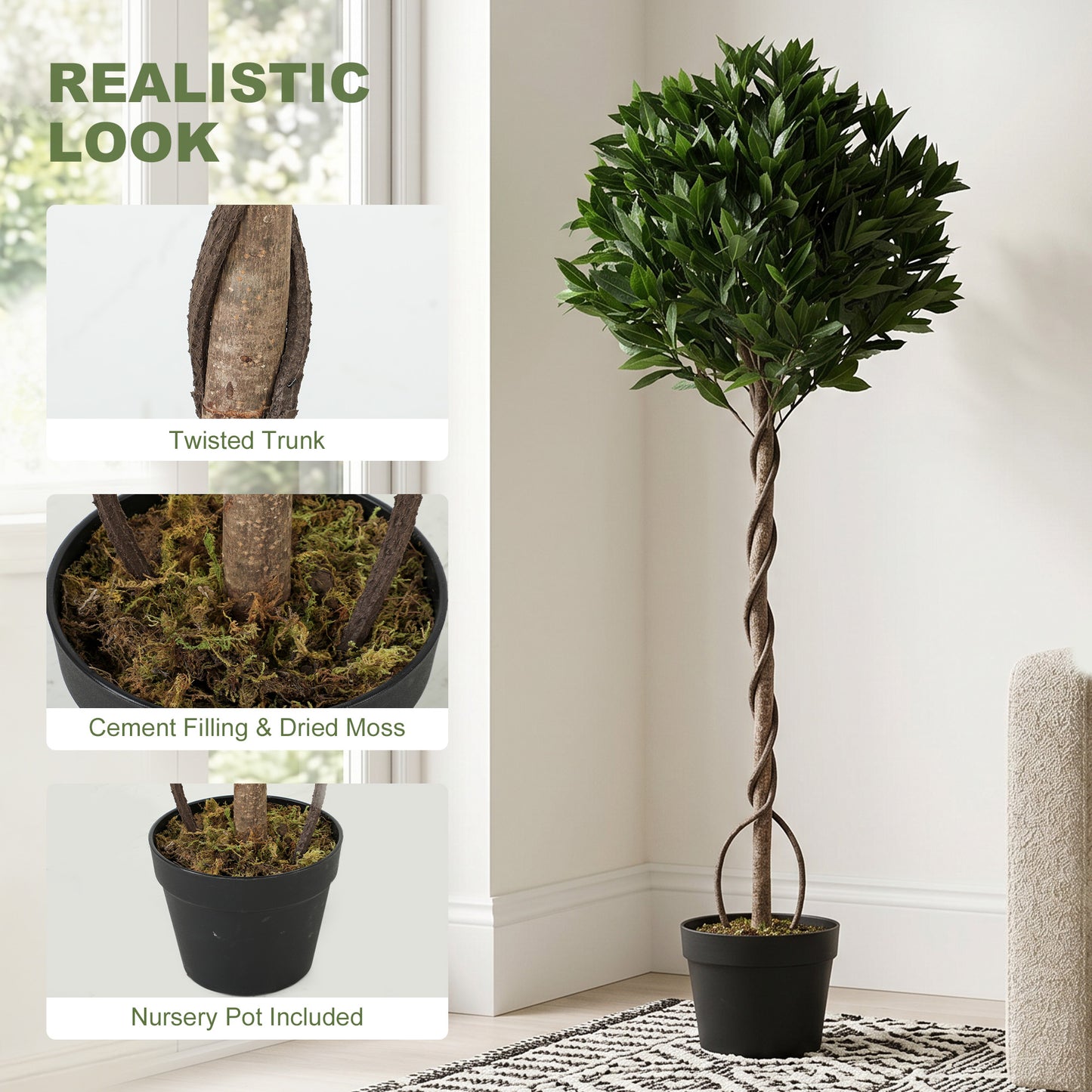Outsunny Realistic Lush Topiary Ball Tree, Artificial Bay Laurel Topiary Trees with Weighted Pot, Set of 2, Green