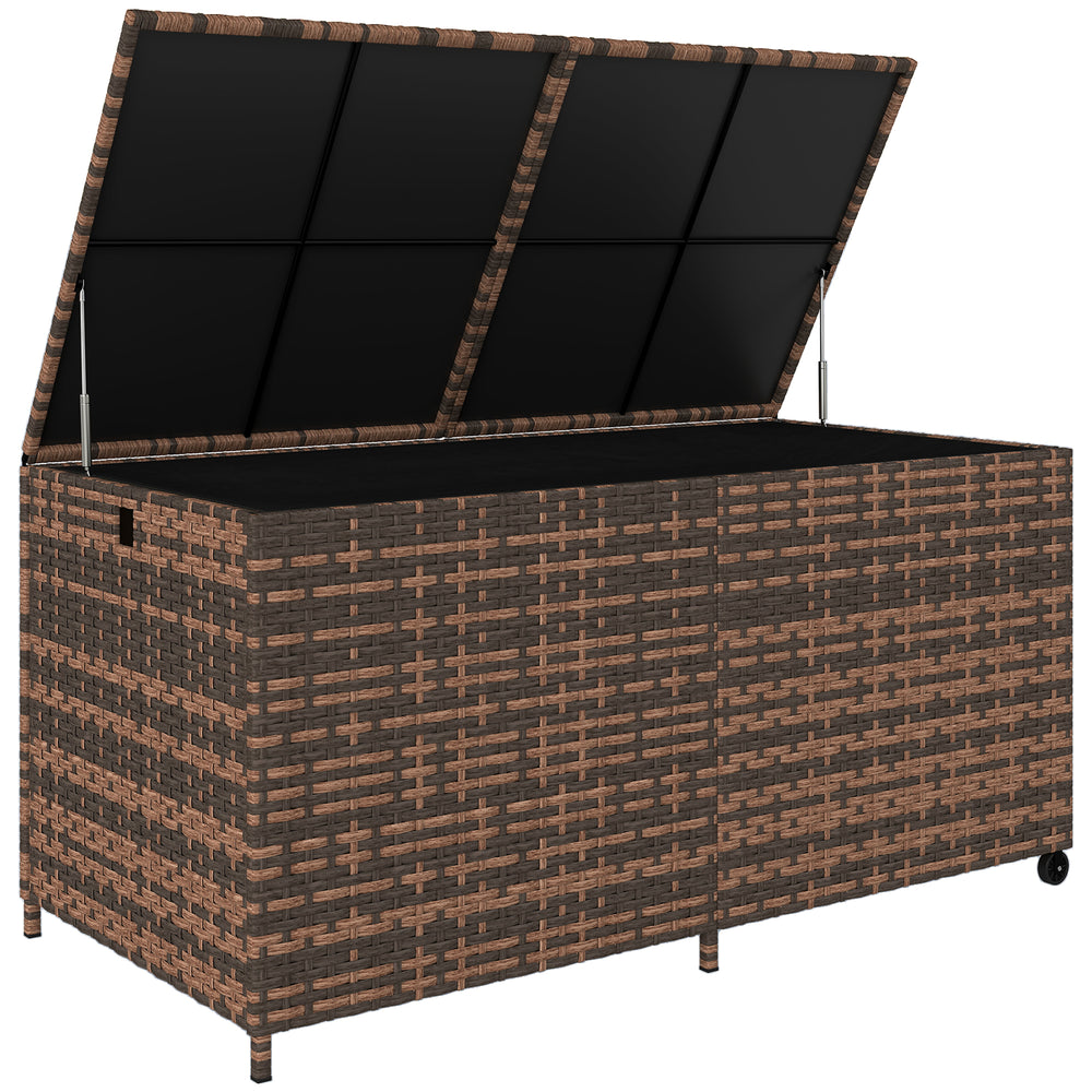 Outsunny 650L Garden Storage Box with 2 Wheels, Rattan Deck Box with Waterproof Zipped Liner, Safe Pneumatic Rods, Mixed Brown