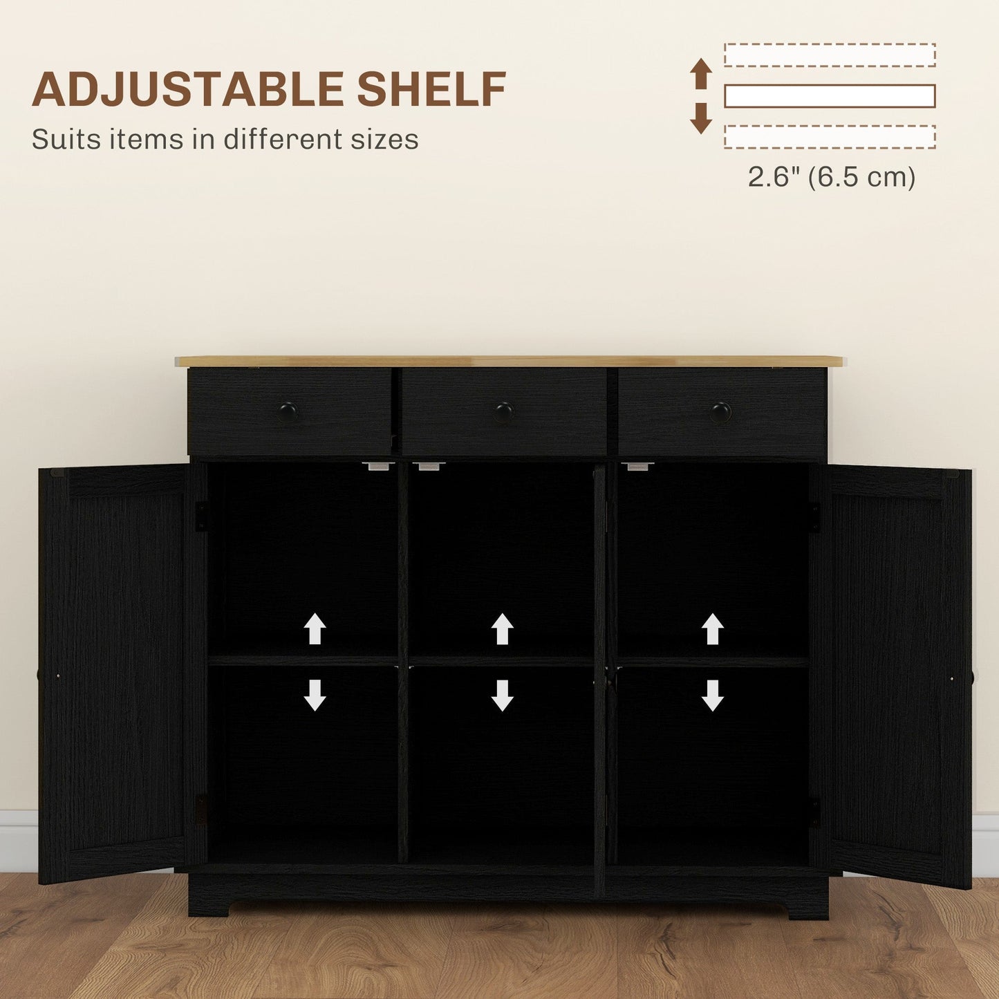 HOMCOM Sideboard with Rubberwood Top and Adjustable Shelves for Dining Room, Kitchen - Black Wood-Effect