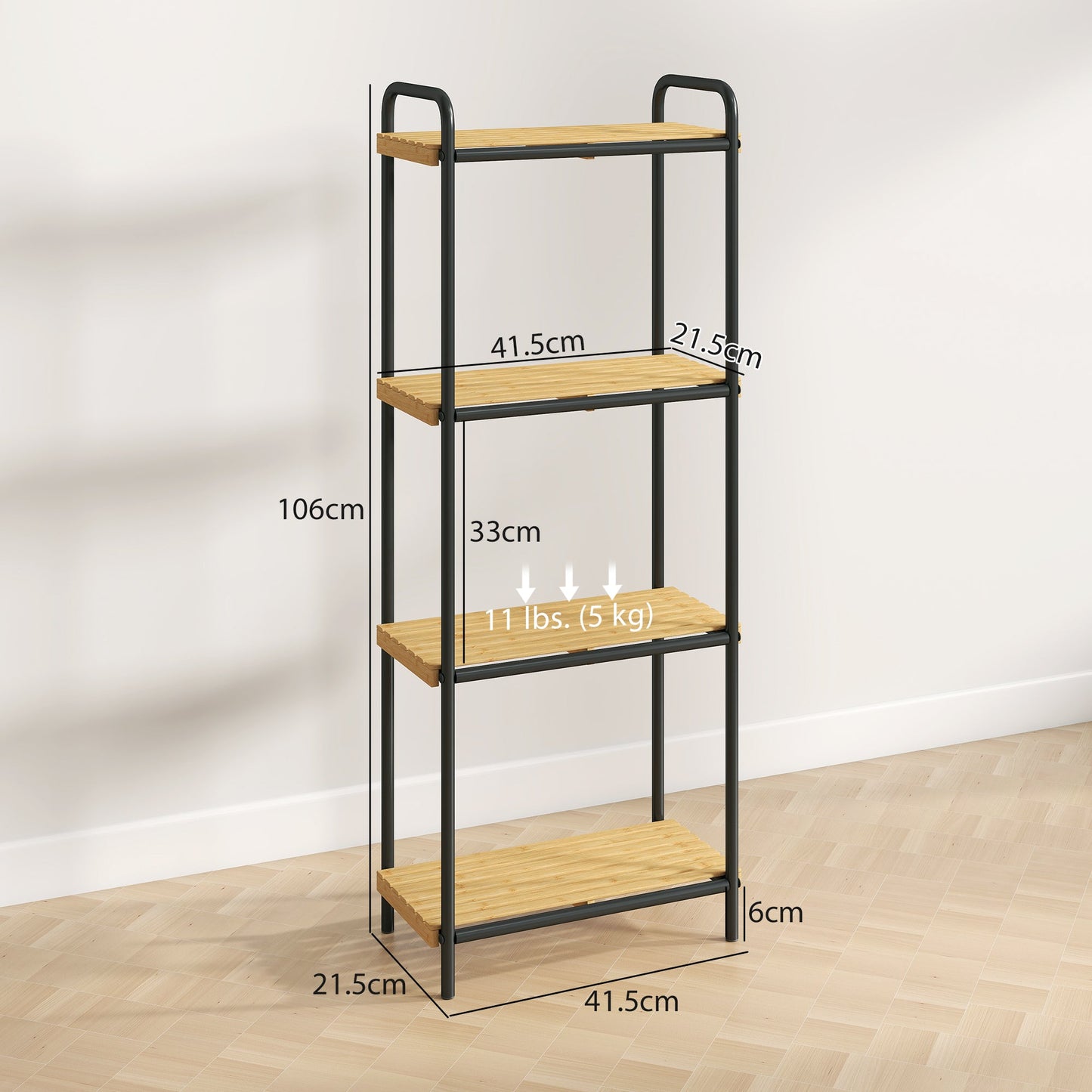 HOMCOM 4-Tier Bamboo Bathroom Storage Shelf, Freestanding Narrow Shelving Unit with Slatted Shelves for Kitchen Bathroom Living Room, 41.5 x 21.5 x 106 cm, Natural and Black