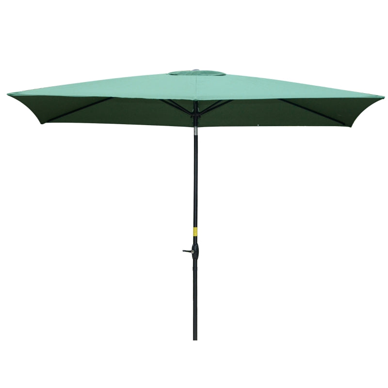 Outsunny 2 x 3(m) Garden Parasol Umbrella, Rectangular Outdoor Market Umbrella Sun Shade with Crank & Push Button Tilt, 6 Ribs, Aluminium Pole, Green