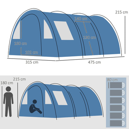 Outsunny 5-6 Man Camping Tent with 2 Room, Floor and Carry Bag - Blue