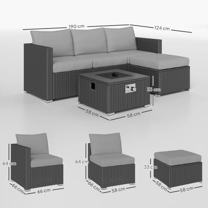 Outsunny Five Piece Rattan Garden Furniture Set with Gas Fire Pit Table and Footstool - Grey