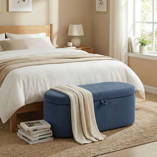 HOMCOM Storage Ottoman, Corduroy Upholstered Ottoman Storage Box with Padded Seat, 105 x 51 x 49 cm, Blue