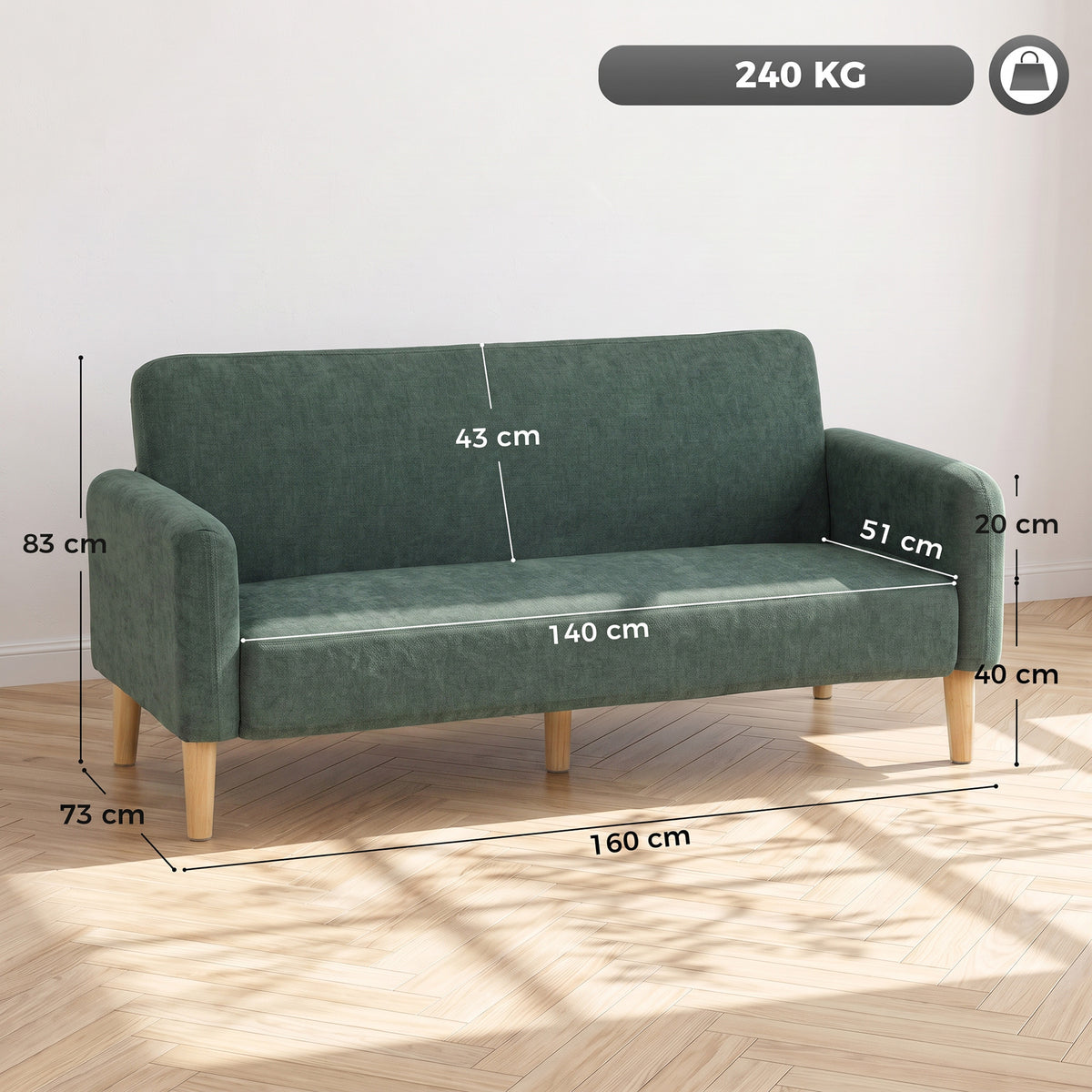 HOMCOM 2 Seater Sofa, Velvet Small Couch with 20cm Thick Padding, Wide and Deep Seat, Dark Green