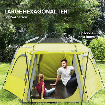 Outsunny Instant Pop Up Camping Tent, 2/3/4 Person Easy Setup Dome Family Tent with Vestibule, Rainfly, 4 Mesh Windows & 2 Doors, Hexagonal Design, Waterproof & UV Protected, Yellow Green