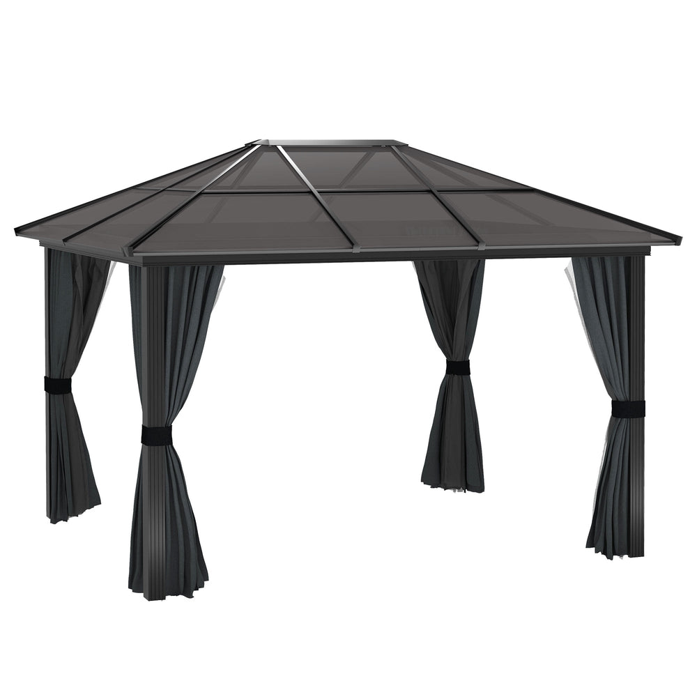 Outsunny 3 x 3.6m Hardtop Gazebo Canopy with Polycarbonate Roof, Aluminium Frame, Permanent Pavilion Garden Gazebo with Netting and Curtains for Patio, Deck, Dark Grey