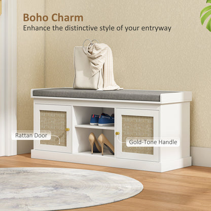 HOMCOM Boho Shoe Storage Bench with Padded Cushion and Rattan Doors - White