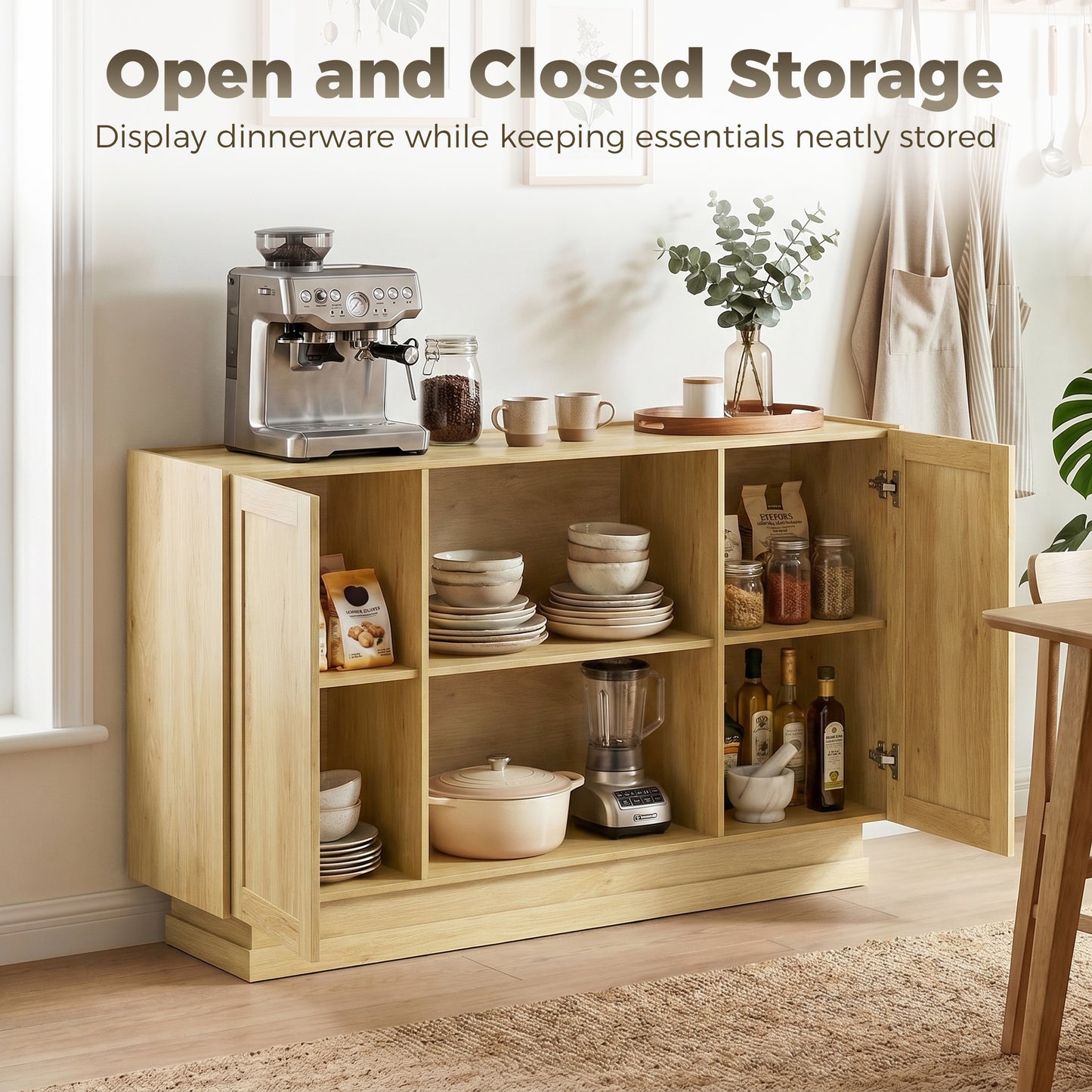HOMCOM Sideboard Buffet Cabinet, 133 cm Storage Cabinet with 2 Open Shelves, 2 Cupboards and Soft Close Doors, Natural