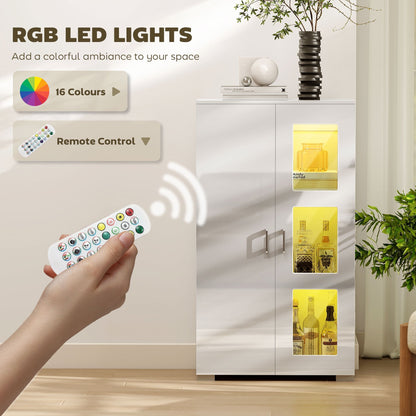 HOMCOM High Gloss Sideboard, Display Cabinet with 16-Colour RGB LED Lights and Remote Control, Modern Storage Cupboard with Glass Doors and Shelves for Living Room, Dining Room, Kitchen, White