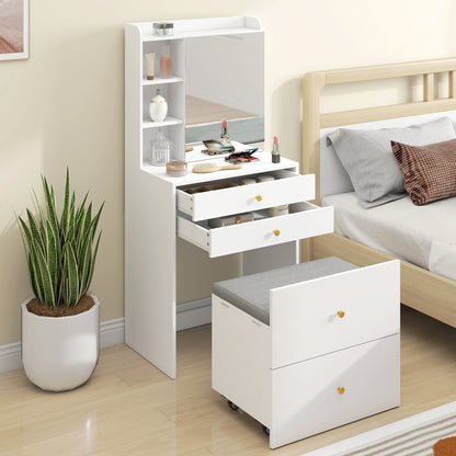 HOMCOM Dressing Table with Mirror and Mobile Storage Stool, Compact Vanity Table with Cabinet, Drawers, Open Shelves, White