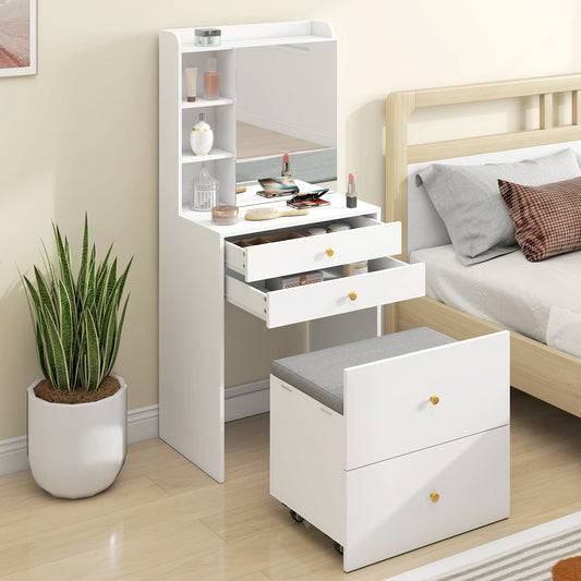 HOMCOM Dressing Table with Mirror and Mobile Storage Stool, Compact Vanity Table with Cabinet, Drawers, Open Shelves, White